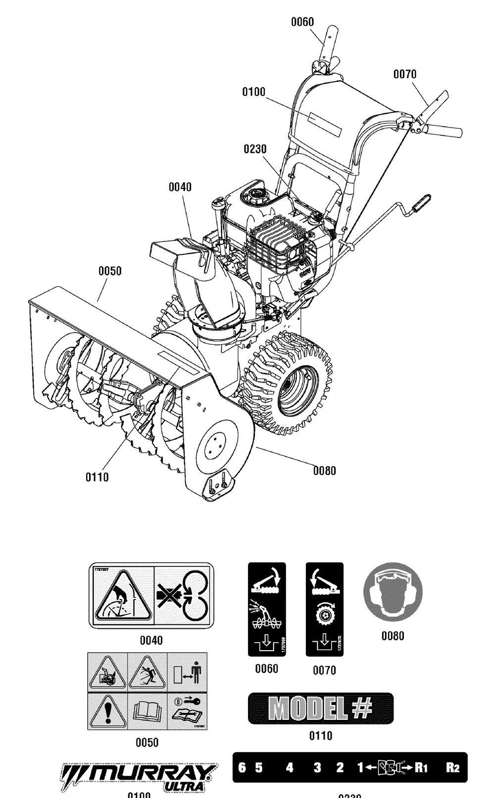 Decals Group Diagram and Parts List for 1695857-MH61900 2010 Briggs and Stratton Snow Blower